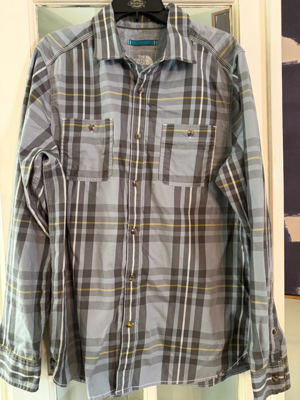 The North Face Men’s Gray Plaid Button-Down Shirt with Yellow Accent